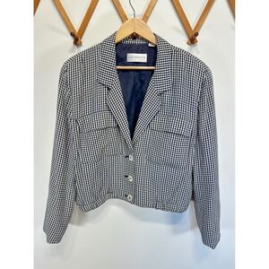 Vintage 90s Navy Gingham Cropped Jacket Liz Claiborne Collection Blazer 10